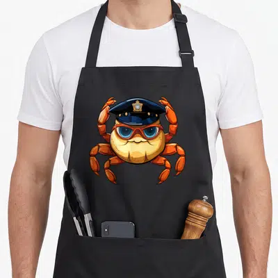 Tablier de cuisine noir avec un crabe orange coiffé d'une casquette de police et de lunettes rouges.