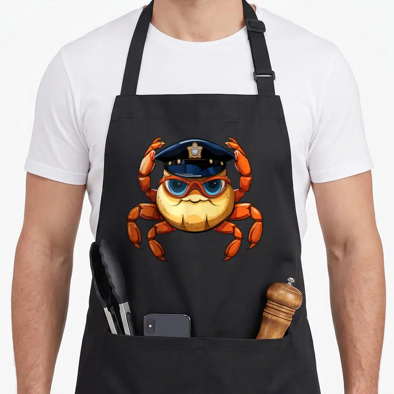 Tablier de cuisine noir avec un crabe orange coiffé d'une casquette de police et de lunettes rouges.