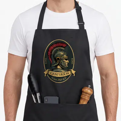 Tablier de cuisine noir avec illustration ovale d'un centurion romain à profil, casque à crête rouge et banderole dorée portant l'inscription CENTURION.