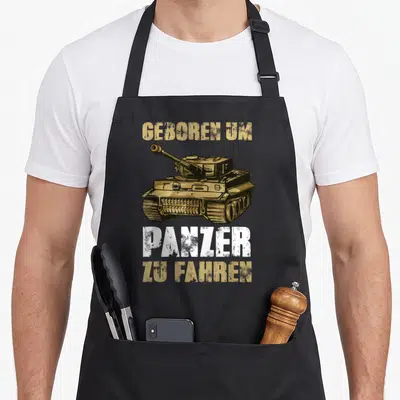 Tablier de cuisine noir avec illustration de char Panzer et texte en lettres blanches et dorées.