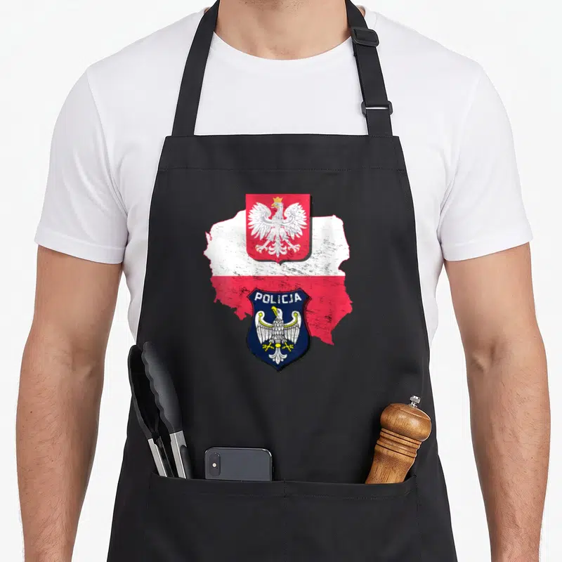 Tablier de cuisine noir avec emblème Policja et drapeau polonais stylisé