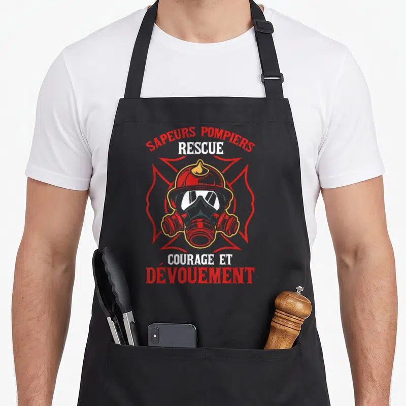 Tablier de cuisine noir avec illustration casque et masque à gaz sapeurs pompiers rescue courage dévouement