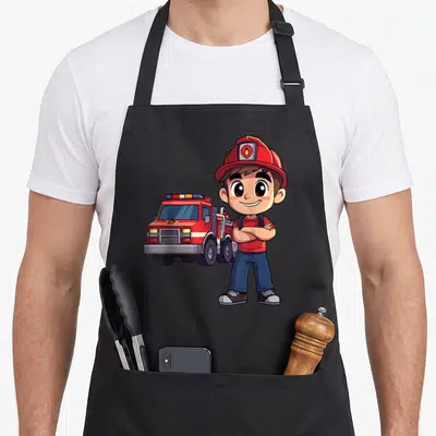 Tablier de cuisine noir avec illustration d'un enfant pompier en casque rouge devant un véhicule d'incendie rouge et jaune.