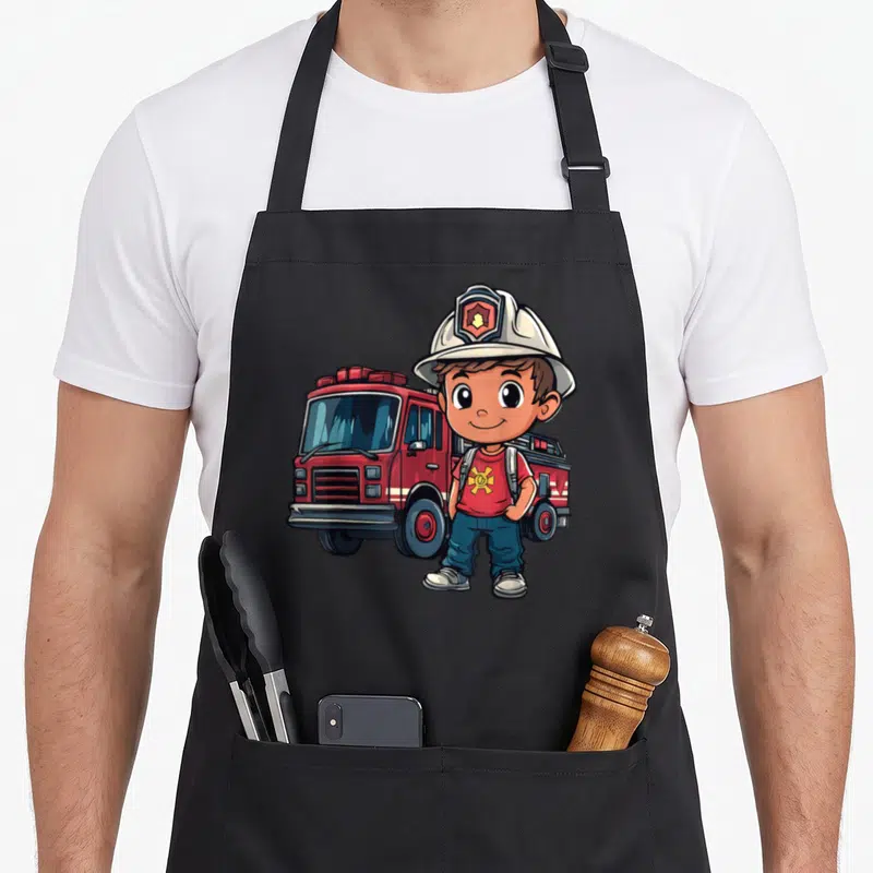 Tablier de cuisine noir avec illustration d'un enfant pompier devant un camion rouge.