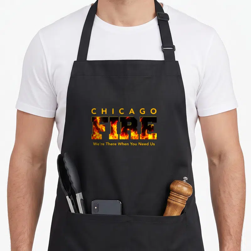 Tablier de cuisine noir avec le logo Chicago Fire stylisé en flammes orange et jaune et une citation en anglais.