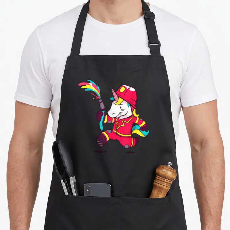 Tablier de cuisine noir avec illustration d'une licorne pompier tirant un jet coloré