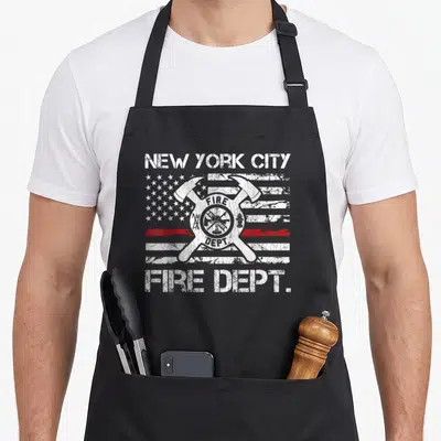 Tablier de cuisine noir avec motif New York City Fire Dept fin ligne rouge et haches croisées en blanc et gris.