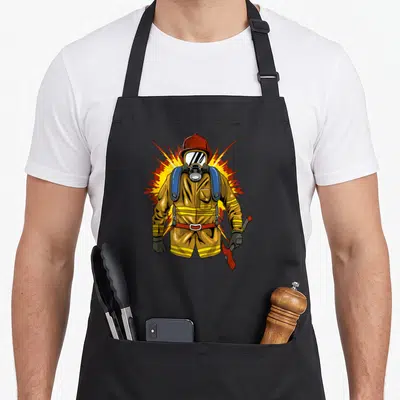 Tablier de cuisine noir avec illustration colorée d'un pompier en tenue de protection tenant une hache devant un effet graphique explosif.