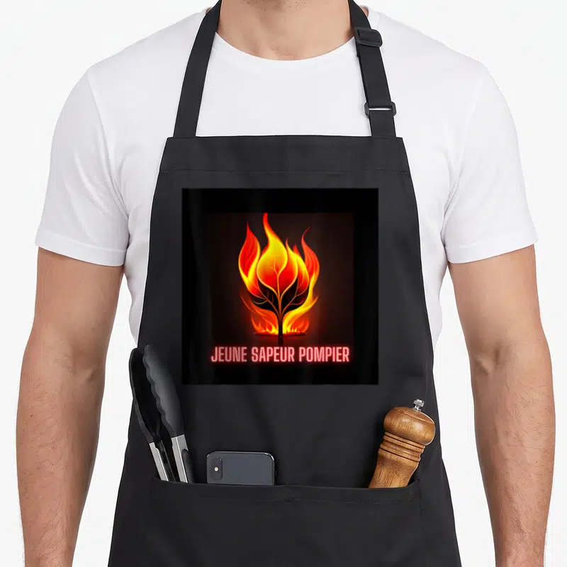 Tablier de cuisine noir avec une illustration de feu stylisé en plante et le texte JEUNE SAPEUR POMPIER en bas.