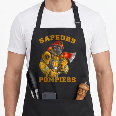 Tablier de cuisine noir avec illustration d'un sapeur-pompier portant casque rouge, masque à gaz et tenant une hache.