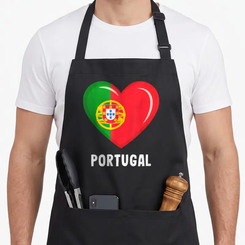 Tablier de cuisine noir avec un grand cœur vert et rouge intégrant le drapeau portugais et le texte PORTUGAL en bas.
