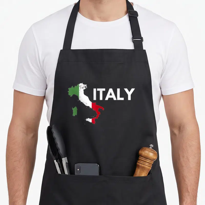 Tablier de cuisine noir avec une carte d'Italie aux couleurs du drapeau et le mot ITALY en blanc.