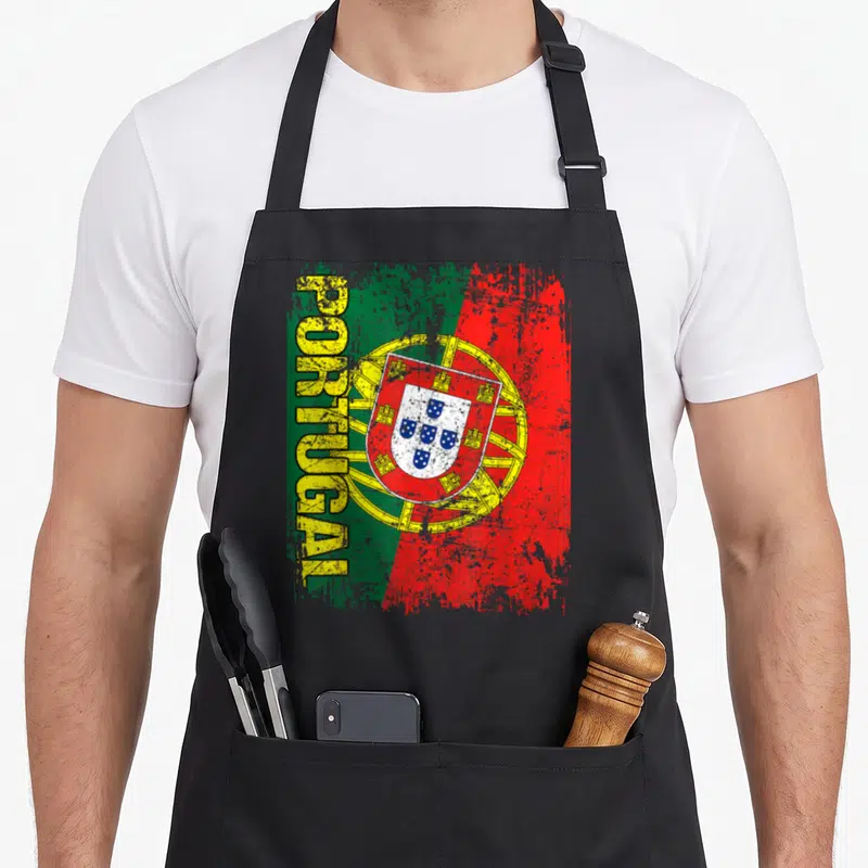 Tablier de cuisine noir avec drapeau Portugal vert rouge et texte PORTUGAL vertical jaune délavé.