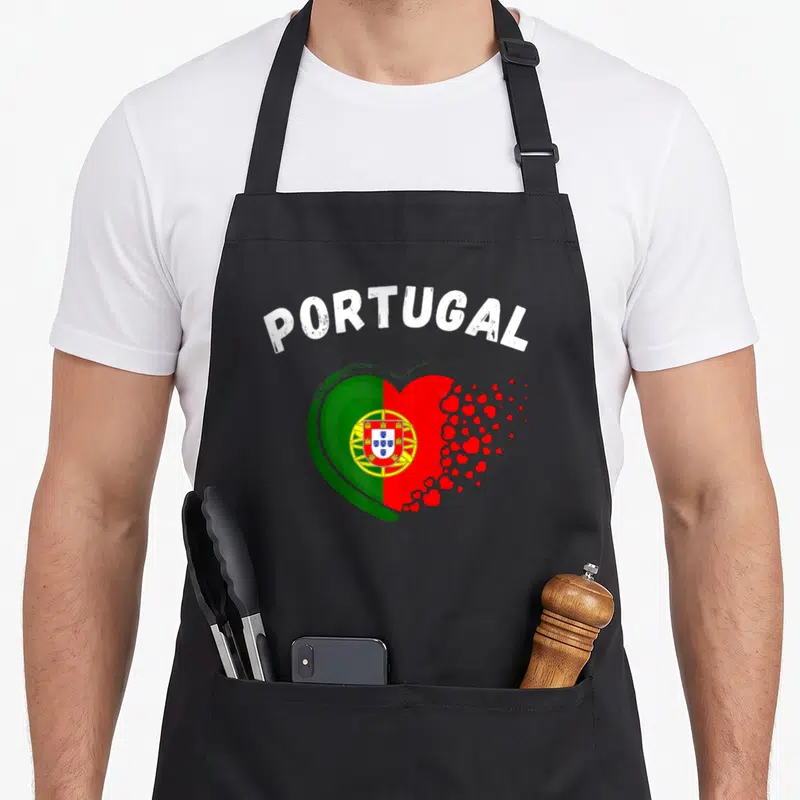 Tablier de cuisine noir avec un grand cœur aux couleurs vertes et rouges portant le mot PORTUGAL et l'emblème central jaune.
