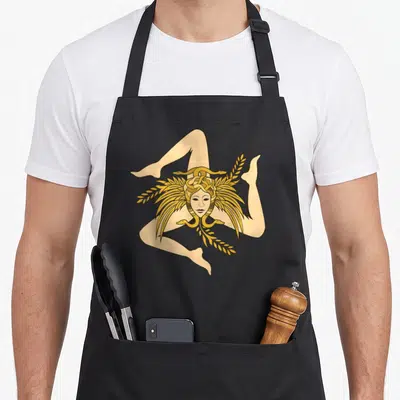 Tablier de cuisine noir avec une illustration colorée de la Trinacria sicilienne aux tons dorés et beige sur fond sombre.
