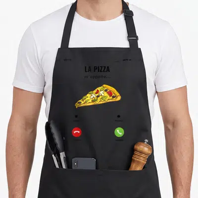 Tablier de cuisine noir avec une illustration d'écran de téléphone montrant une pizza et les options Refuser ou Accepter.