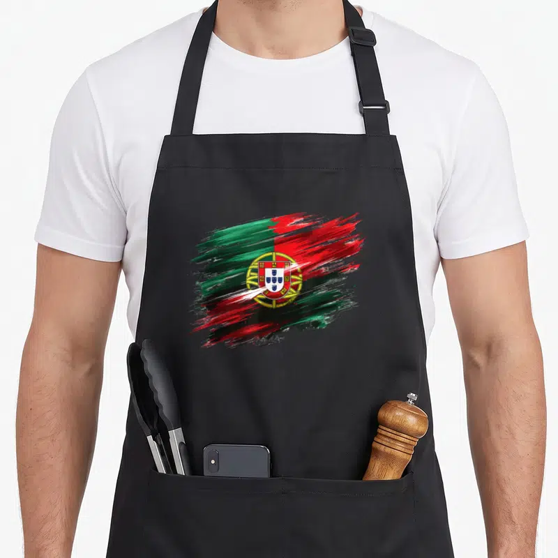 Tablier de cuisine noir avec un drapeau portugais stylisé en touches de peinture verte et rouge autour de l'écusson.