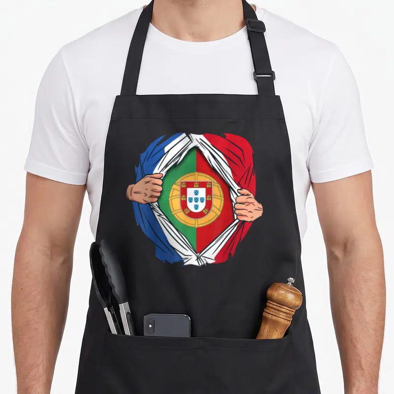 Tablier de cuisine noir avec un super-héros déchirant son costume français pour montrer le drapeau du Portugal.