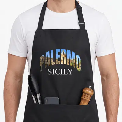 Tablier de cuisine noir avec une illustration de Palerme en Sicile et le texte SICILY en bas.