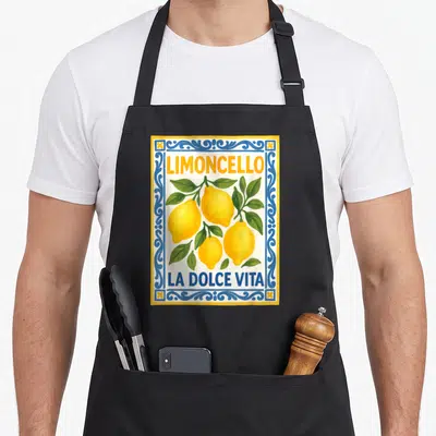 Tablier de cuisine noir avec illustration de citrons jaunes et cadre décoratif bleu style italien vintage