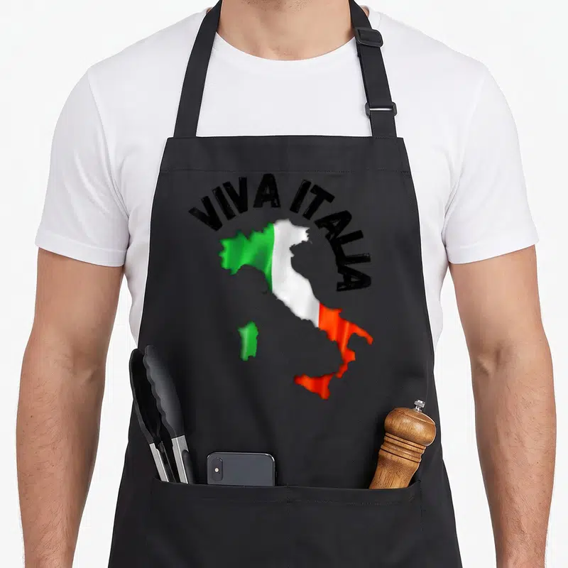 Tablier de cuisine noir avec carte d'Italie aux couleurs du drapeau et texte Viva Italia en arc de cercle.