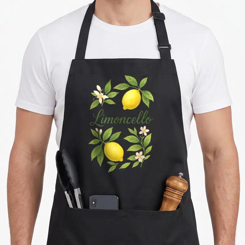 Tablier de cuisine noir avec deux citrons jaunes, des feuilles vertes, des fleurs blanches et le mot Limoncello en écriture cursive verte.