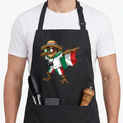 Tablier de cuisine noir avec un crapaud en chapeau de paille portant un drapeau italien et une caméra.