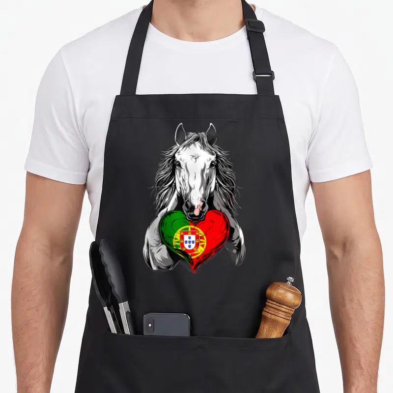Tablier de cuisine noir avec un cheval blanc tenant un cœur aux couleurs du drapeau portugais.
