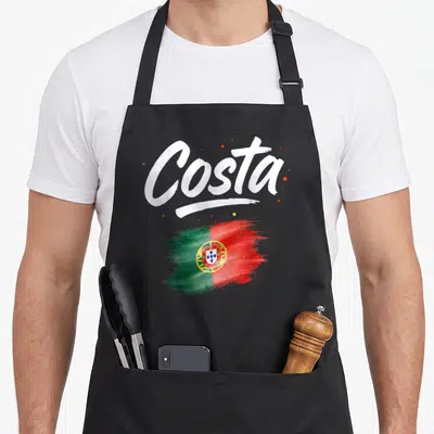 Tablier de cuisine noir avec l'inscription Costa et une représentation artistique du drapeau portugais aux couleurs vertes et rouges.