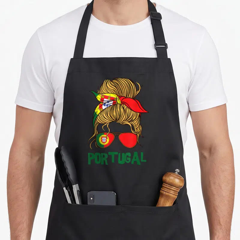 Tablier de cuisine noir avec illustration femme chignon drapeau et lunettes de soleil vertes et rouges