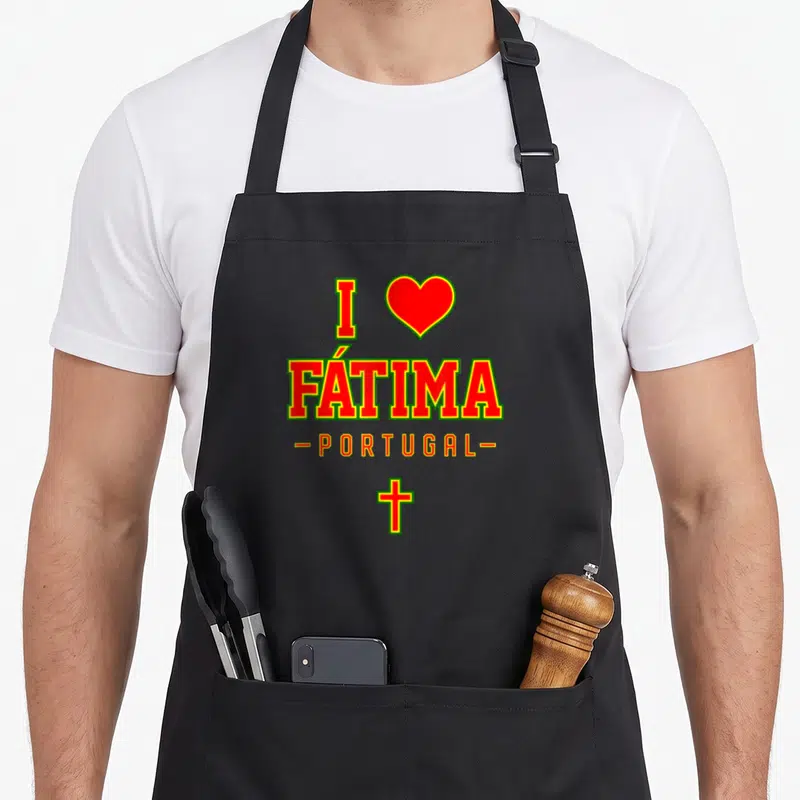 Tablier de cuisine noir avec inscription I Love Fátima Portugal, un cœur rouge et une croix aux contours verts et jaunes.