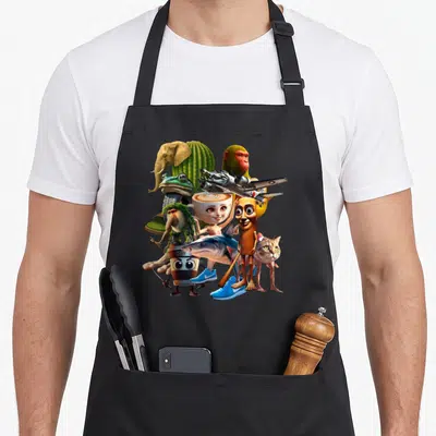 Tablier de cuisine noir avec un collage coloré d'animaux hybrides, d'objets anthropomorphes et de créatures oniriques.