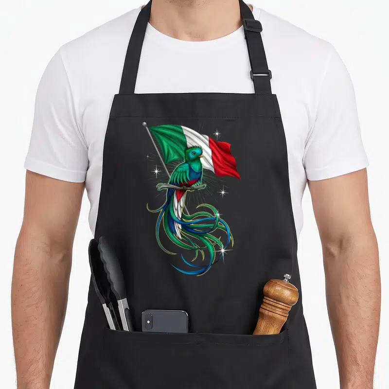 Tablier de cuisine noir avec un oiseau aux longues plumes tenant un drapeau italien tricolore.