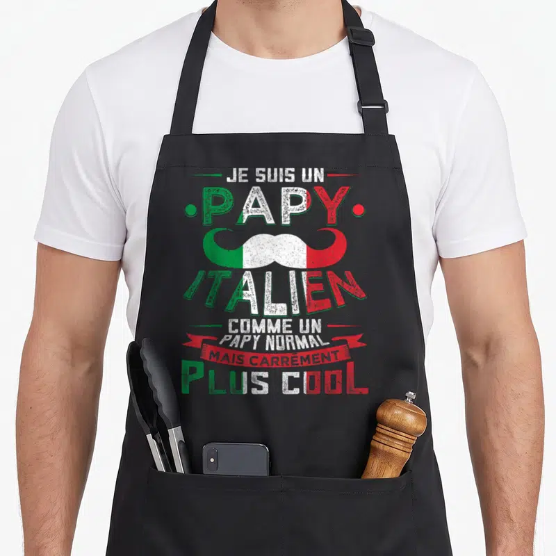 Tablier de cuisine noir avec texte Je Suis Un Papy Italien et moustache tricolore italienne.