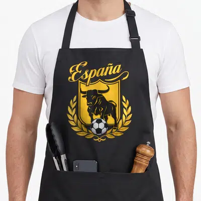 Tablier de cuisine noir avec un écu jaune portant un taureau, un ballon de football et le mot España en lettres dorées.