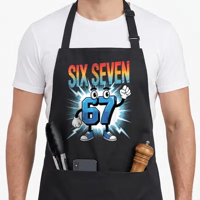 Tablier de cuisine noir avec le personnage 67 Six Seven aux couleurs vives et au style cartoon dynamique.