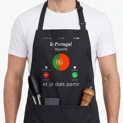 Tablier de cuisine noir avec une illustration de notification téléphonique affichant le drapeau du Portugal et des boutons d'appel.