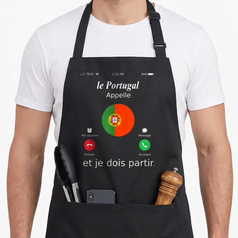 Tablier de cuisine noir avec une illustration de notification téléphonique affichant le drapeau du Portugal et des boutons d'appel.