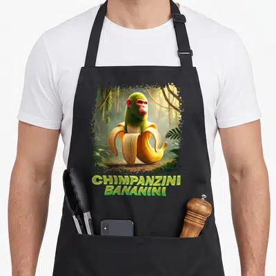 Tablier de cuisine noir avec un singe vert en banane et les mots Chimpanzini Bananini imprimés en bas.