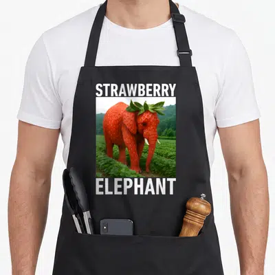 Tablier de cuisine noir avec une illustration d'un éléphant recouvert de peau de fraise dans un champ vert.
