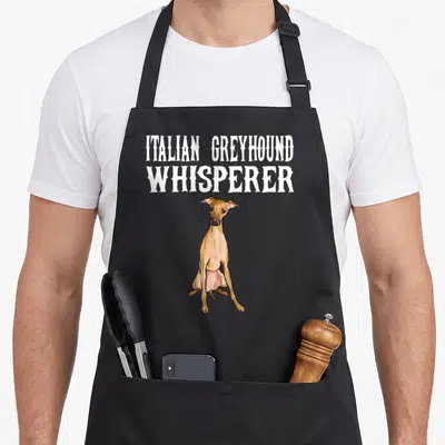Tablier de cuisine noir avec illustration d'un Lévrier Italien et texte Italian Greyhound Whisperer en blanc.
