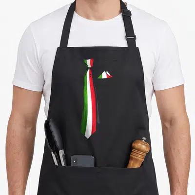 Tablier de cuisine noir avec une illustration de cravate aux couleurs du drapeau italien et un mouchoir de poche assorti.
