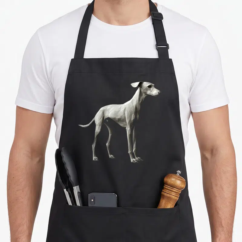 Tablier de cuisine noir avec illustration géométrique d'un lévrier italien blanc et gris.