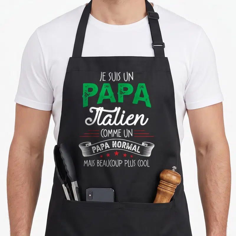 Tablier de cuisine noir avec inscription Je suis un Papa Italien comme un papa normal mais beaucoup plus cool en vert et blanc.