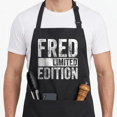 Tablier de cuisine noir avec l inscription Fred Limited Edition en typographie blanche texturée.