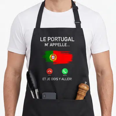 Tablier de cuisine noir avec une illustration d'écran de téléphone affichant la flag du Portugal et des boutons appeler, refuser.