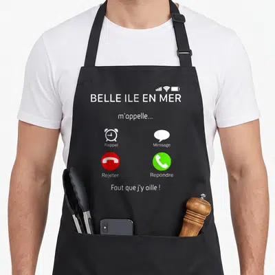 Tablier de cuisine noir avec interface téléphonele Ile en mer et boutons Rejeter Rependre