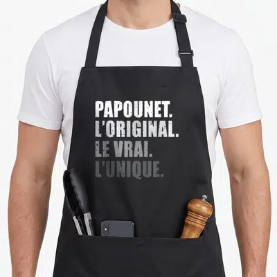 Tablier de cuisine noir avec inscription blanche et grise Papounet L'original Le Vrai L'unique Cadeau Personnalisé.