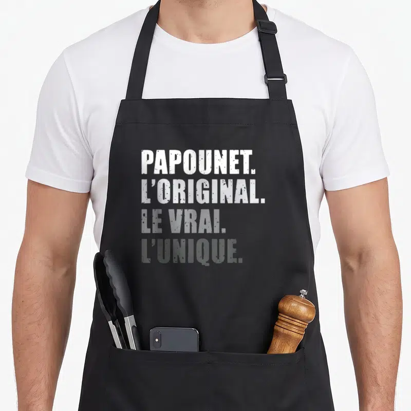Tablier de cuisine noir avec inscription blanche et grise Papounet L'original Le Vrai L'unique Cadeau Personnalisé.
