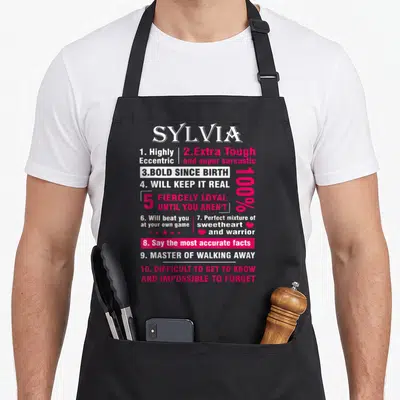 Tablier de cuisine noir avec une liste de dix faits sur le prénom Sylvia en blanc et rose vif.